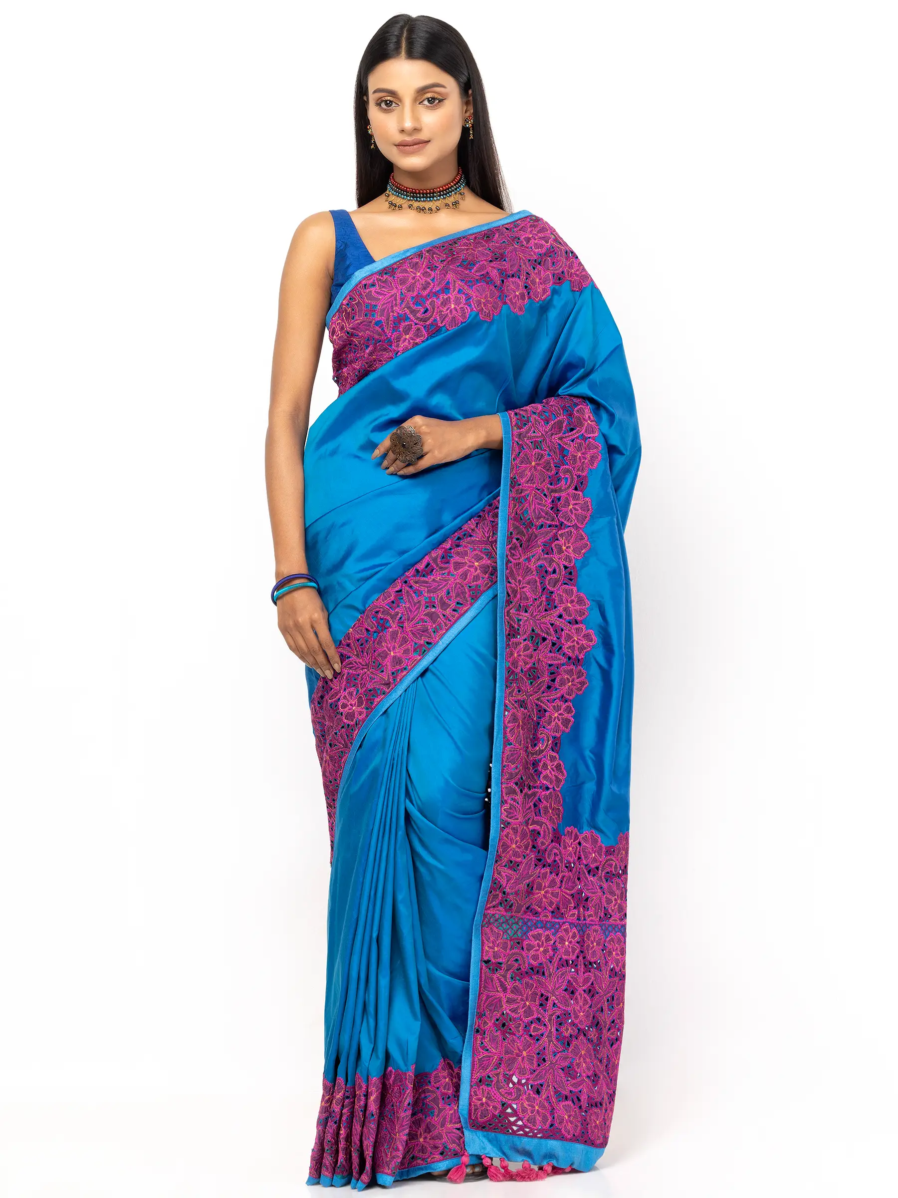 Blue Printed and Embroidered Silk Saree